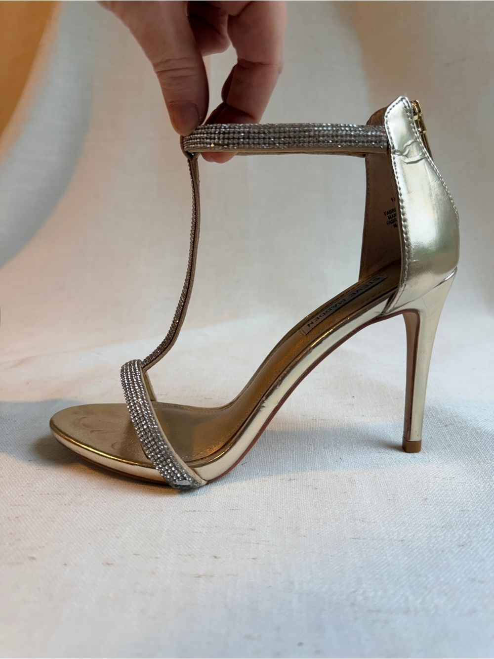 Steve Madden Faylinn 8.5 Gold Rhinestone Strappy Stiletto Heels - Picture 2 of 10
